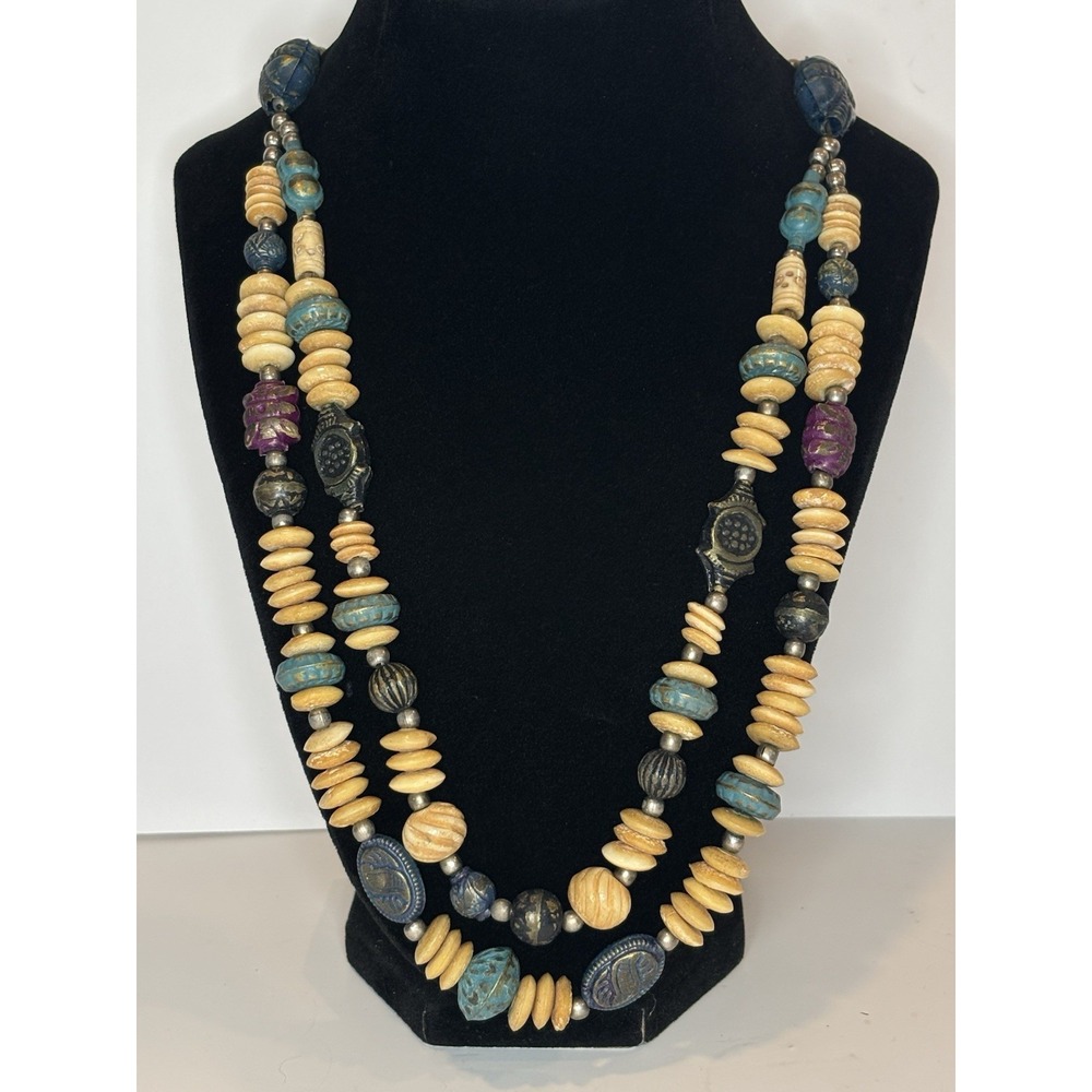 Vintage 42" Boho Carved Disc Bead Necklace Silver Tone Statement